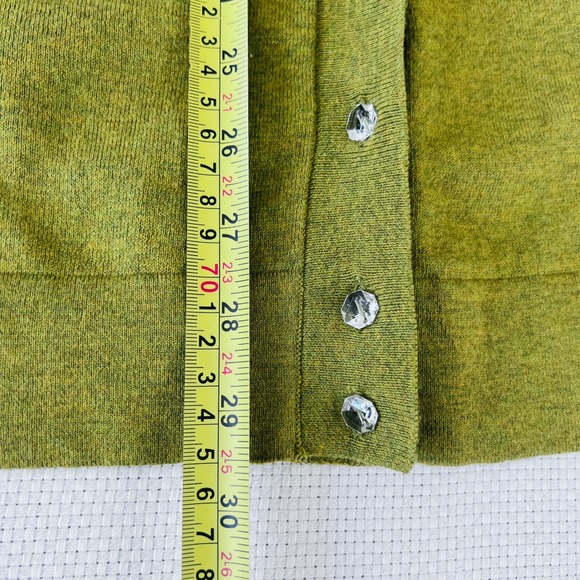 J Crew V Neck Y2K Cardigan Sweater chartreuse w clear Rhinestone Buttons Medium - Picture 6 of 10